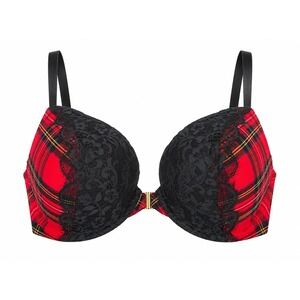 Cacique Boost Plunge Bra 42D Red Plaid Black Lace Front Close Racerback T-Back
